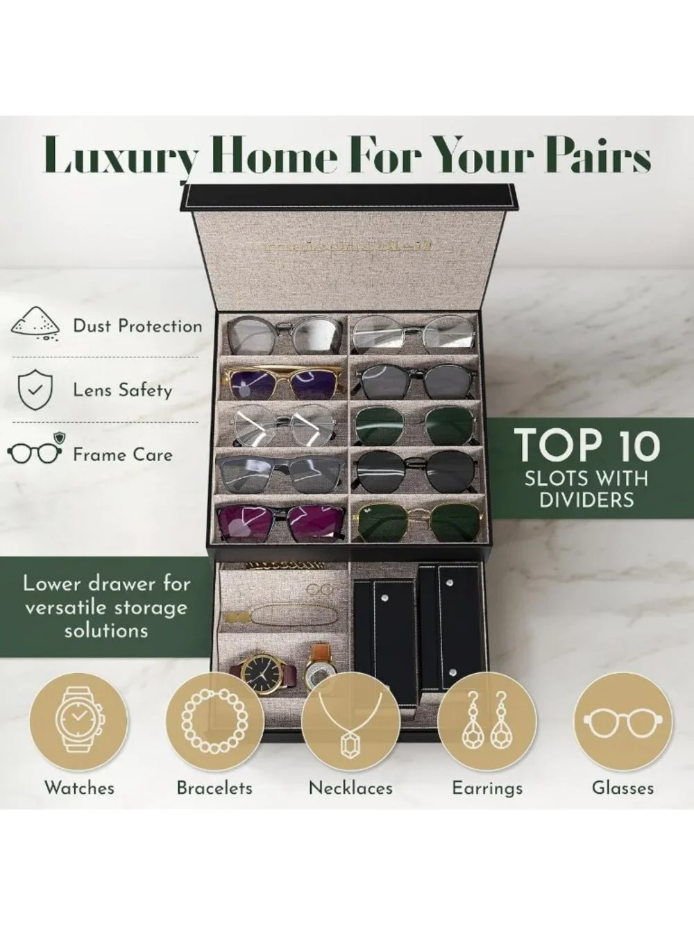 18-Slot Sunglasses Organizer Case for Men & Women - Travel Holder & Jewelry